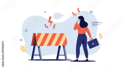 Businesswoman with suitcase faces road barrier with lightning symbols representing career obstacles and project challenges.