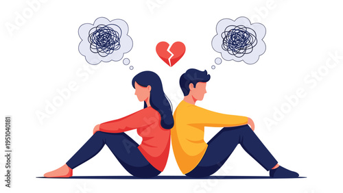 Couple sits back to back on floor with broken heart and scribble clouds representing relationship problems and separation.