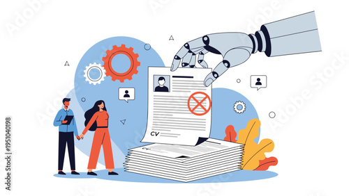 Robotic hand selects job application with red cross from stack as candidates look on representing automated hiring process.