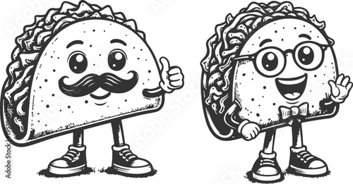 Cute taco cartoon characters mascot vintage engraving illustration