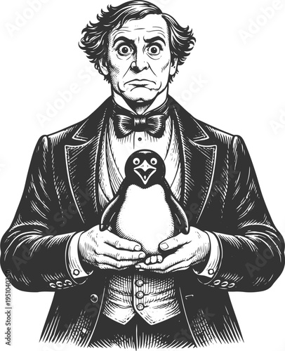 Victorian man holding penguin vintage engraving illustration