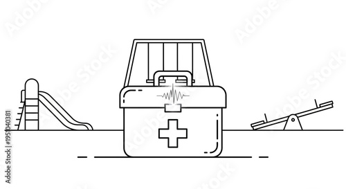 First Aid Kit on Playground with Slide and Seesaw, Health Safety Concept