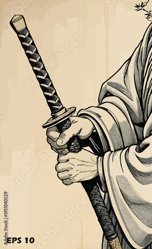 Detailed Samurai Warrior Illustration. Close-up of Hands Holding a Japanese Katana Sword. Traditional Martial Arts and Bushido Concept Vector.