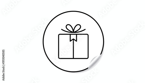 Gift box icon with ribbon and bow, simple line art in a circle, isolated on white background