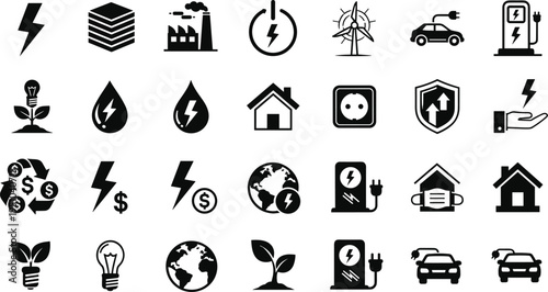 Energy icons, renewable power, sustainability symbols, eco-friendly design, electric car, wind turbine, hydropower, climate conservation, global energy, flat vector illustration