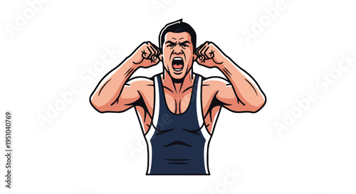Illustration of a muscular man in a singlet screaming with his fists up by his ears in a comic book style against a white background with bold lines and vibrant colors.