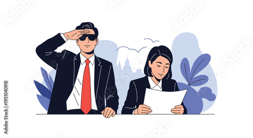 Male and female detectives or secret agents in suits investigating documents in an urban setting with a city skyline.