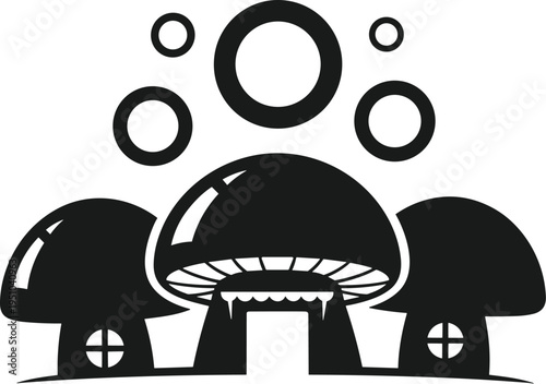 Fantasy mushroom house village illustration, fairy tale home design, whimsical fungi architecture, magical cottage artwork, enchanted forest dwelling, flat vector illustration