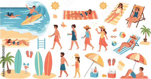 Beach Summer Activities and Elements Set Featuring Surfing Sunbathing Walking People Umbrella Surfboards and Seaside Vacation Cartoon Vector Collection