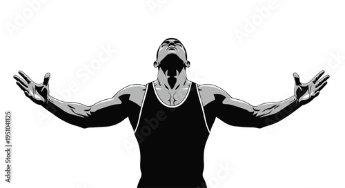 Black and white illustration of a muscular man with arms outstretched against a plain white background