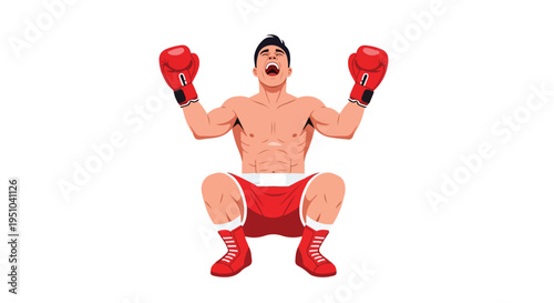 A muscular cartoon man wearing red boxing gloves and shorts jumping in the air with a triumphant expression on a plain white background.