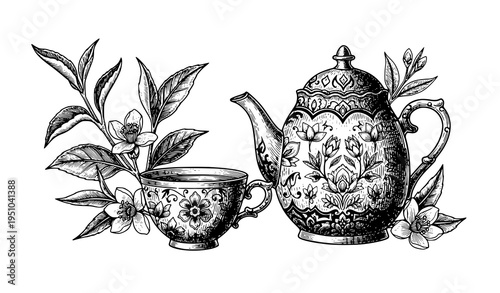 Vintage teapot tea engraving woodcut hand drawn vector art