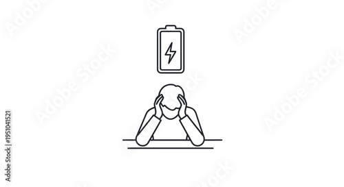 Exhausted person with low battery symbol, burnout concept, stress, mental fatigue