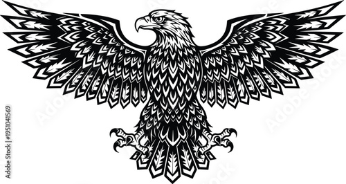 Powerful black and white majestic bald eagle vector illustration with spread wings and sharp talons isolated on white background silhouette.
