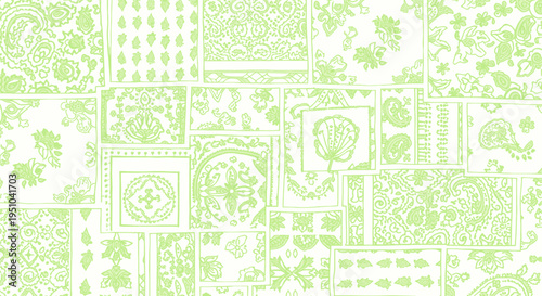 Light Green Paisley and Floral Patchwork Fabric Texture Background