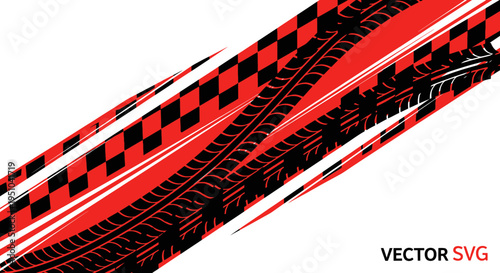 Red Black Tire Track Grunge Background with Checkered Pattern Vector Art