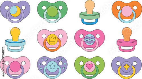 Baby pacifier dummy collection set, colorful infant soother nipple icons illustration, vector isolated background baby care design