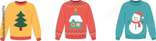 Christmas sweater set with tree house and snowman design, ugly sweater holiday knitwear festive winter clothing vector illustration