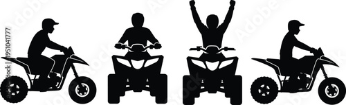 ATV quad bike rider silhouette collection, off road motor vehicle driving poses set, black vector isolated background illustration