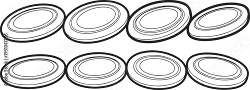 A collection of eight identical, round, white plates with a black border and concentric circles. Vector