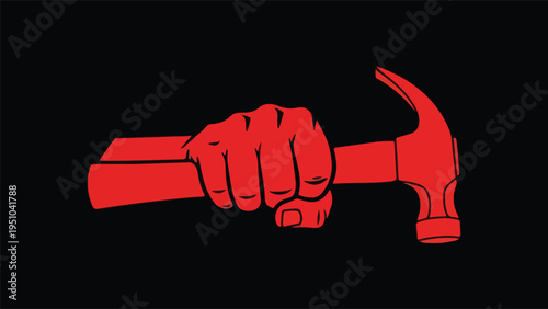 A bold graphic illustration of a red hand clutching a hammer isolated on a solid black background