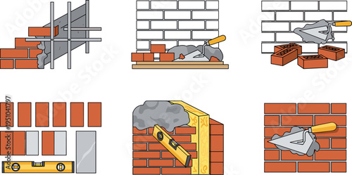 Brick wall construction process set, masonry work tools and building steps, bricklaying technique vector illustration collection isolated background