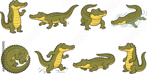 Cute cartoon crocodile character set, funny alligator mascot poses, green reptile vector illustration collection for animation, stickers, kids design