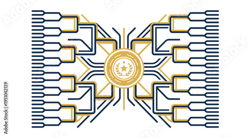 Gold 64-team basketball tournament bracket vector with star emblem for elite championship and professional playoff playoffs.