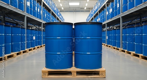 Blue industrial plastic barrels on wooden pallet in warehouse storage