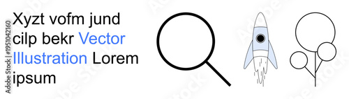 Education, exploration, innovation, creativity, design projects, simplicity. Magnifying glass, rocketship and balloons in line art with vector typography. Education and exploration concept