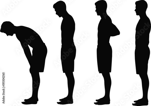 Human posture stages silhouette collection, man standing bending back pain body positions set, black vector isolated background illustration