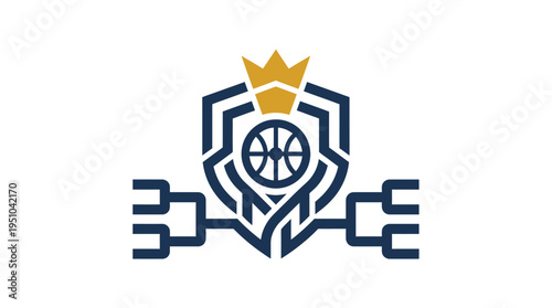 Basketball championship logo with crown shield and tournament bracket in clean flat vector style for sports competition branding.