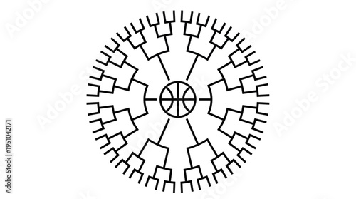 Circular 64-team basketball tournament bracket radial diagram for championship playoffs and sports data visualization.