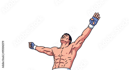 Shirtless muscular man with raised arms in triumph wearing blue and white hand wraps against a plain white background.
