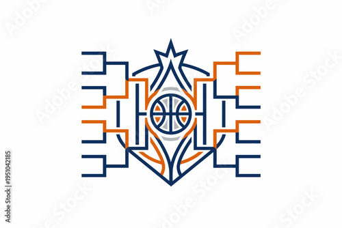Basketball tournament bracket infographic with ball shield logo and star icon in clean flat vector style for sports playoffs.