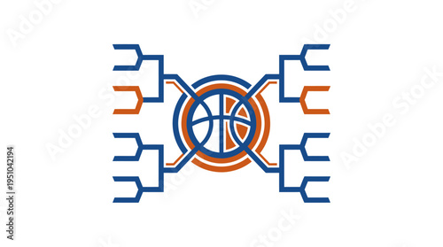 Bold 16-team basketball tournament bracket with integrated ball icon for sports playoffs and competition schedule.