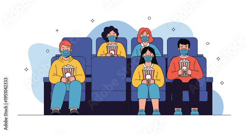 Group of people sitting in a movie theater wearing protective face masks and holding popcorn buckets for safe cinema fun.