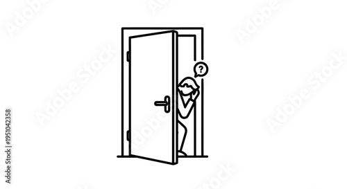 Curious person peeking through open door with question mark, hesitant entry, mystery, uncertainty