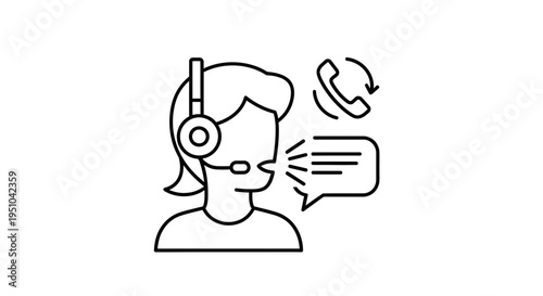 Customer Service Icon: Operator with Headset Talking, Phone Call and Chat Bubble