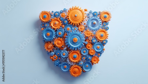 Abstract Shield of Interlocking Orange and Blue Gears on Light Blue Background.