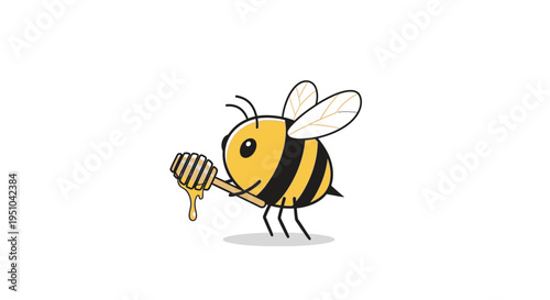 Cute cartoon bee holding honey dipper with dripping honey, isolated on white background