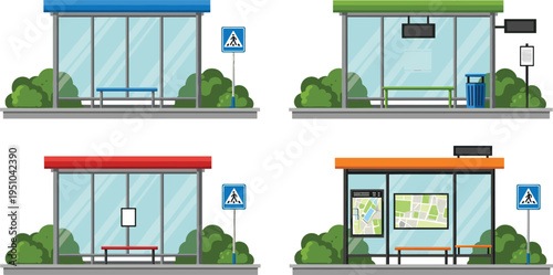 Modern bus stop shelter collection, urban public transport station design, city street transit waiting area concept illustration