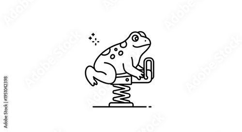 Cute cartoon frog sitting on a spring toy, line art illustration, playful and fun