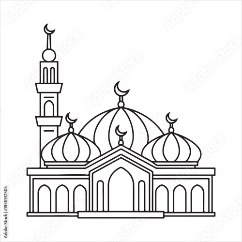 Vector illustration of the Taj Mahal featuring a grand architectural landmark with domes and a historic religious design against the sky