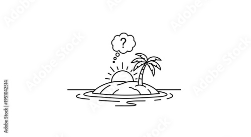 Desert Island with Question Mark Thought Bubble at Sunset