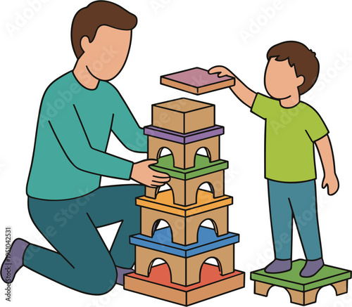 Father and son build colorful tower together on blocks at home