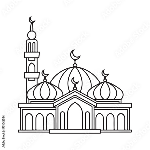 Detailed vector illustration of the Taj Mahal monument in India featuring a classic dome and tower silhouette design for travel icons or architectural art