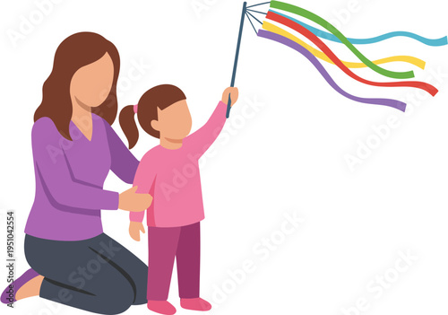 A woman helps a little girl flying colorful ribbons outdoors