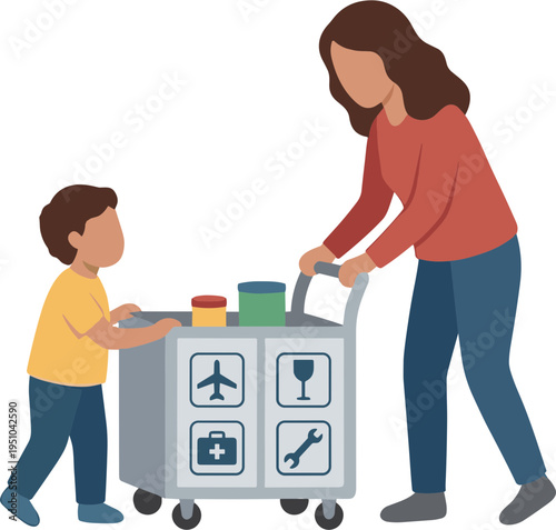 Woman and child pushing luggage cart with travel icons at airport