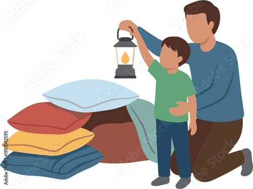 Father and son prepare for emergency with lantern and pillows indoors